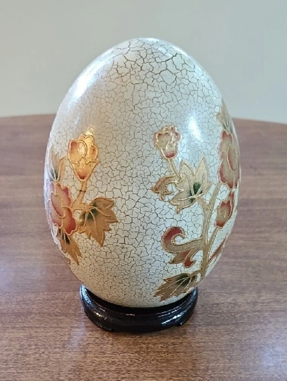 Vtg Satsuma Crackle Glaze Moriage Floral Egg 7” w/ Wood Stand